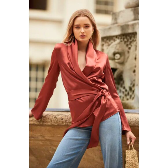 The Jetset Diaries Leo Wrap Top in Copper Satin Medium - Picture 1 of 10